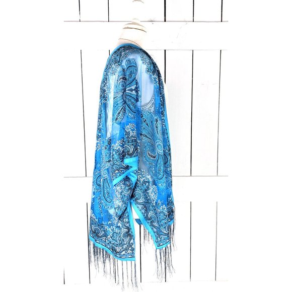 Blue paisley sheer stretch jersey burnout kimono cardigan jacket cover up - Picture 5 of 6